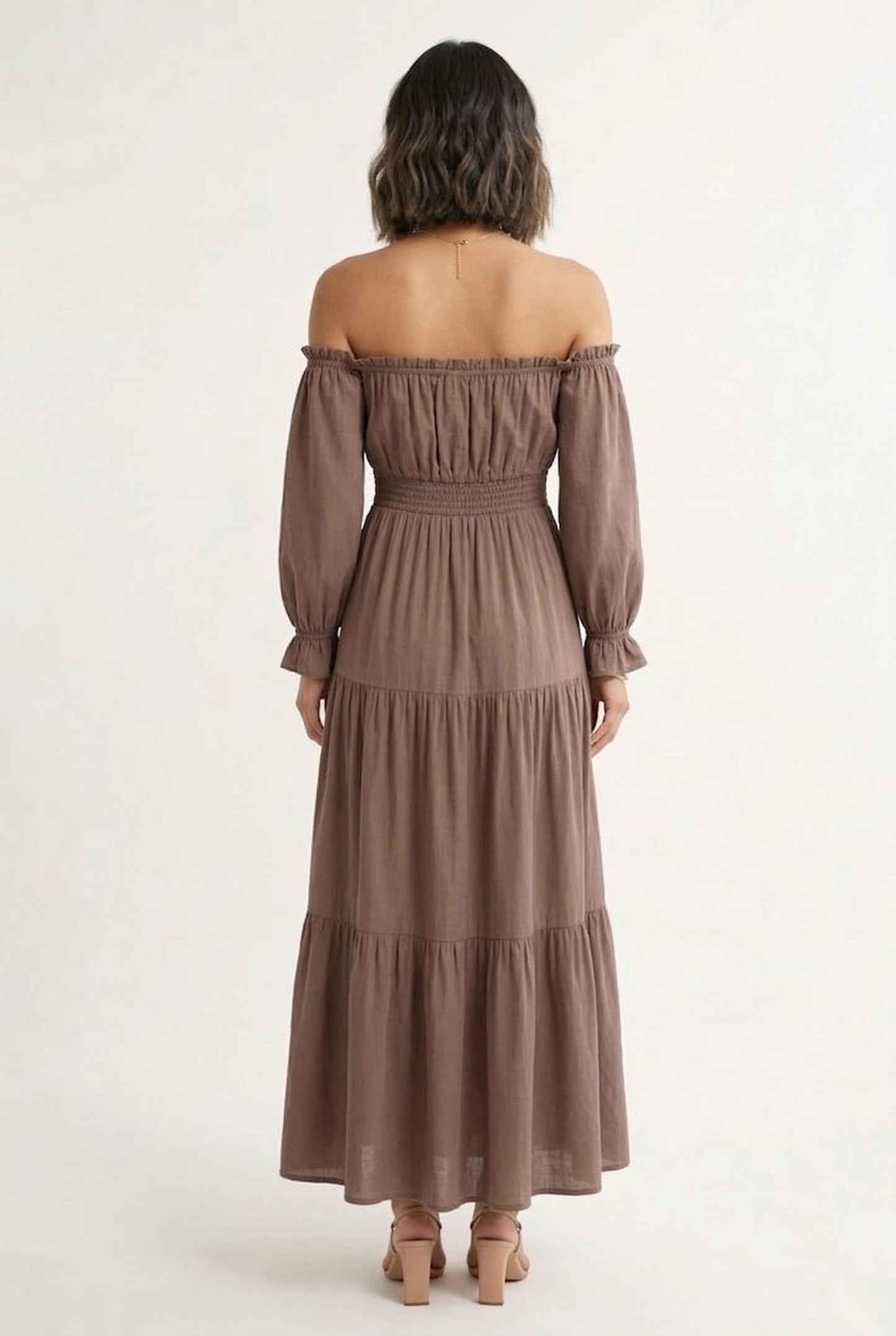 LOHNR Calypso Tiered Dress in Warm Taupe - Off-the-shoulder maxi dress