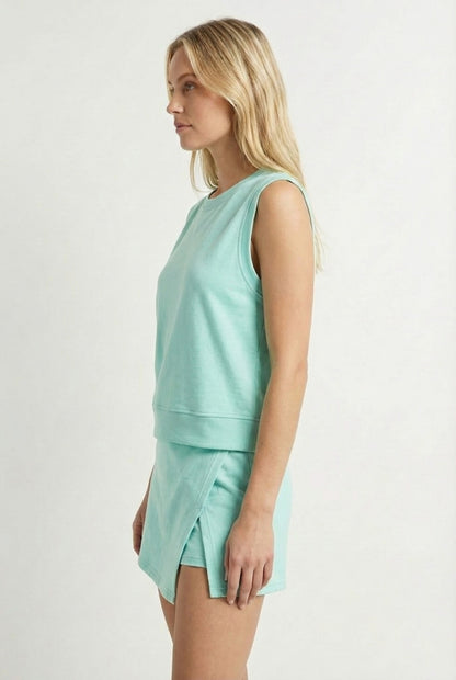 LOHNR Cotton Skirt Set in Cyan - Relaxed 100% mineral cotton tank and wrap skirt with built-in shorts