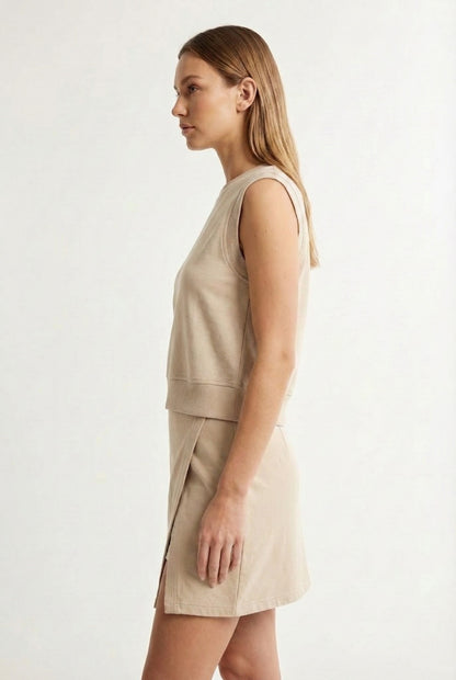 LOHNR Cotton Skirt Set in Sandy Pearl - Relaxed 100% mineral cotton tank and wrap skirt with built-in shorts