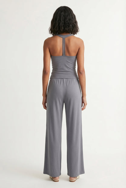 Ashen grey two-piece lounge set with wide leg pants and fitted tank top