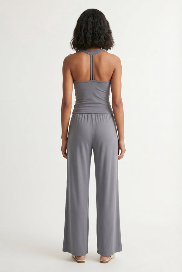 Ashen grey two-piece lounge set with wide leg pants and fitted tank top