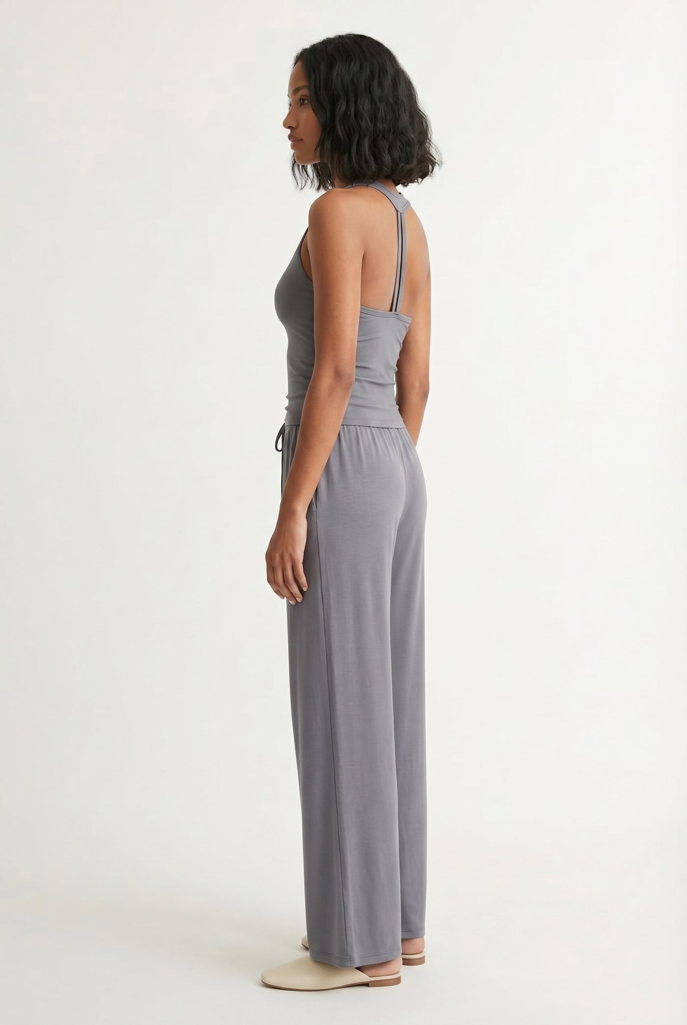 Ashen grey two-piece lounge set with wide leg pants and fitted tank top