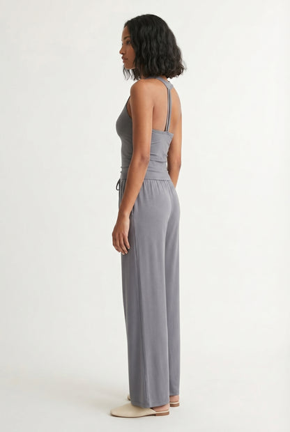 Ashen grey two-piece lounge set with wide leg pants and fitted tank top