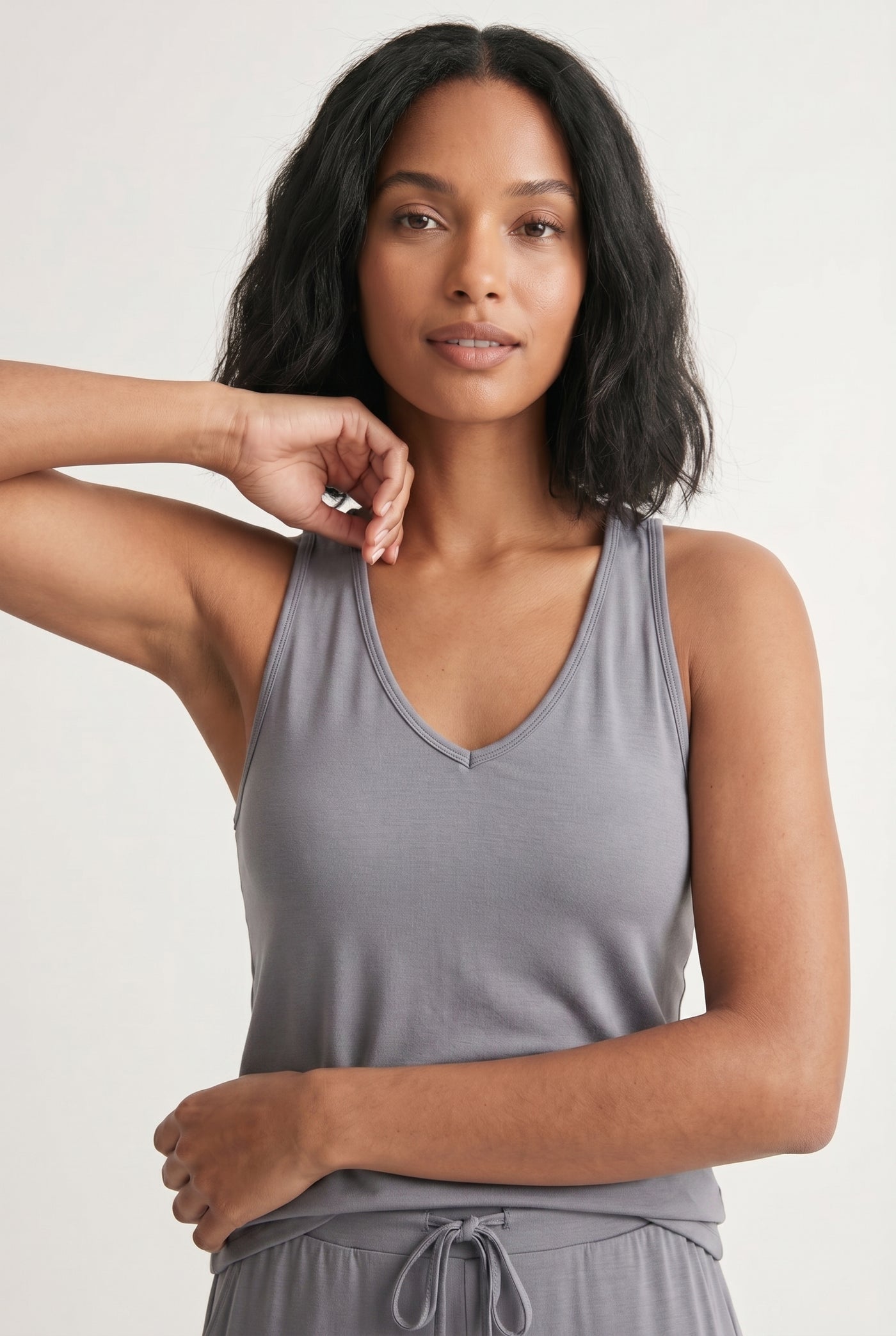 Ashen grey two-piece lounge set with wide leg pants and fitted tank top
