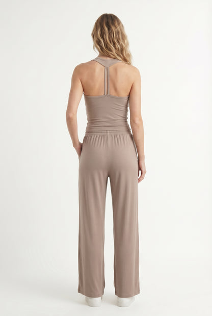 Dune beige two-piece lounge set with wide leg pants and fitted tank top