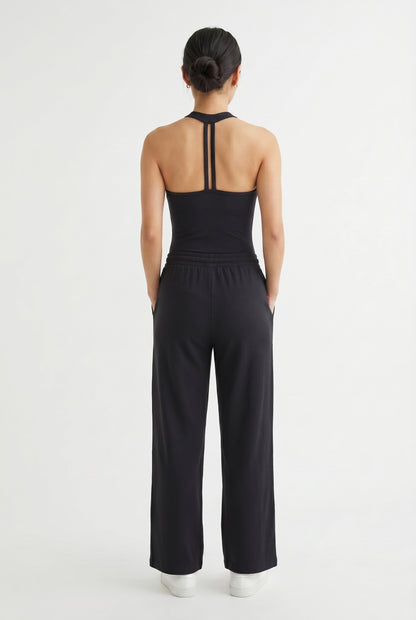 Onyx black two-piece lounge set with wide leg pants and fitted tank top