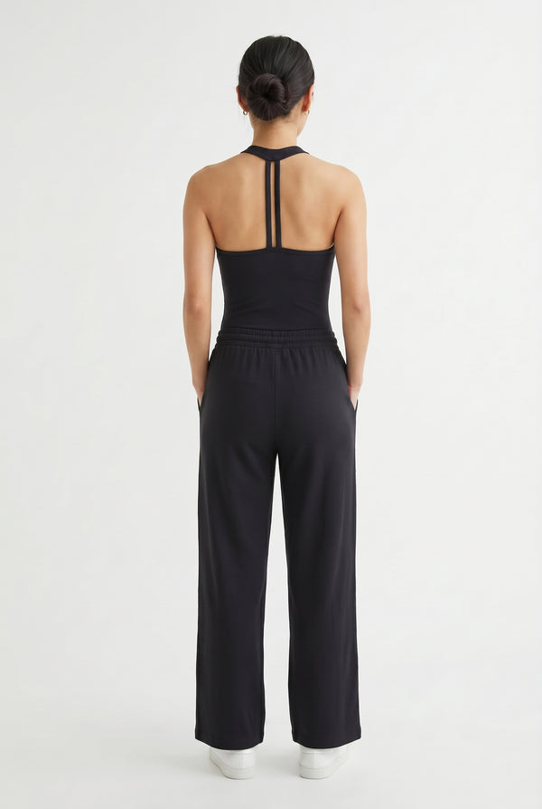 Onyx black two-piece lounge set with wide leg pants and fitted tank top