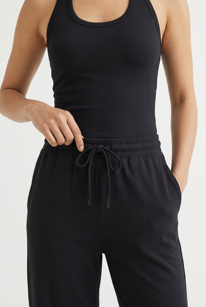 Onyx black two-piece lounge set with wide leg pants and fitted tank top