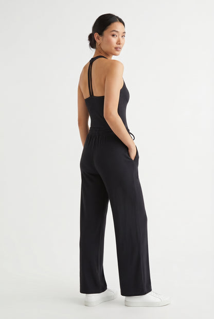 Onyx black two-piece lounge set with wide leg pants and fitted tank top