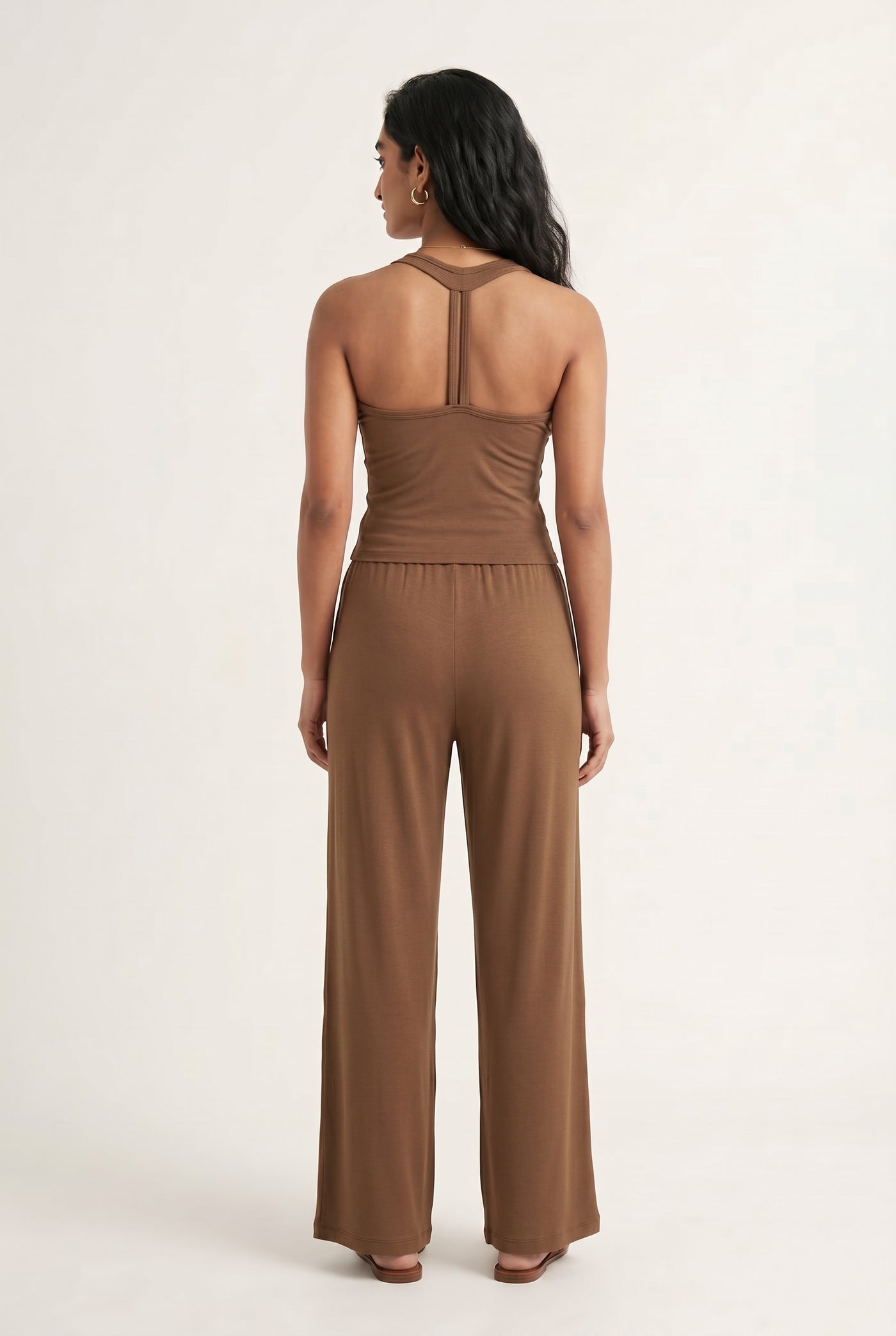 Rich mocha brown two-piece lounge set with wide leg pants and fitted tank top