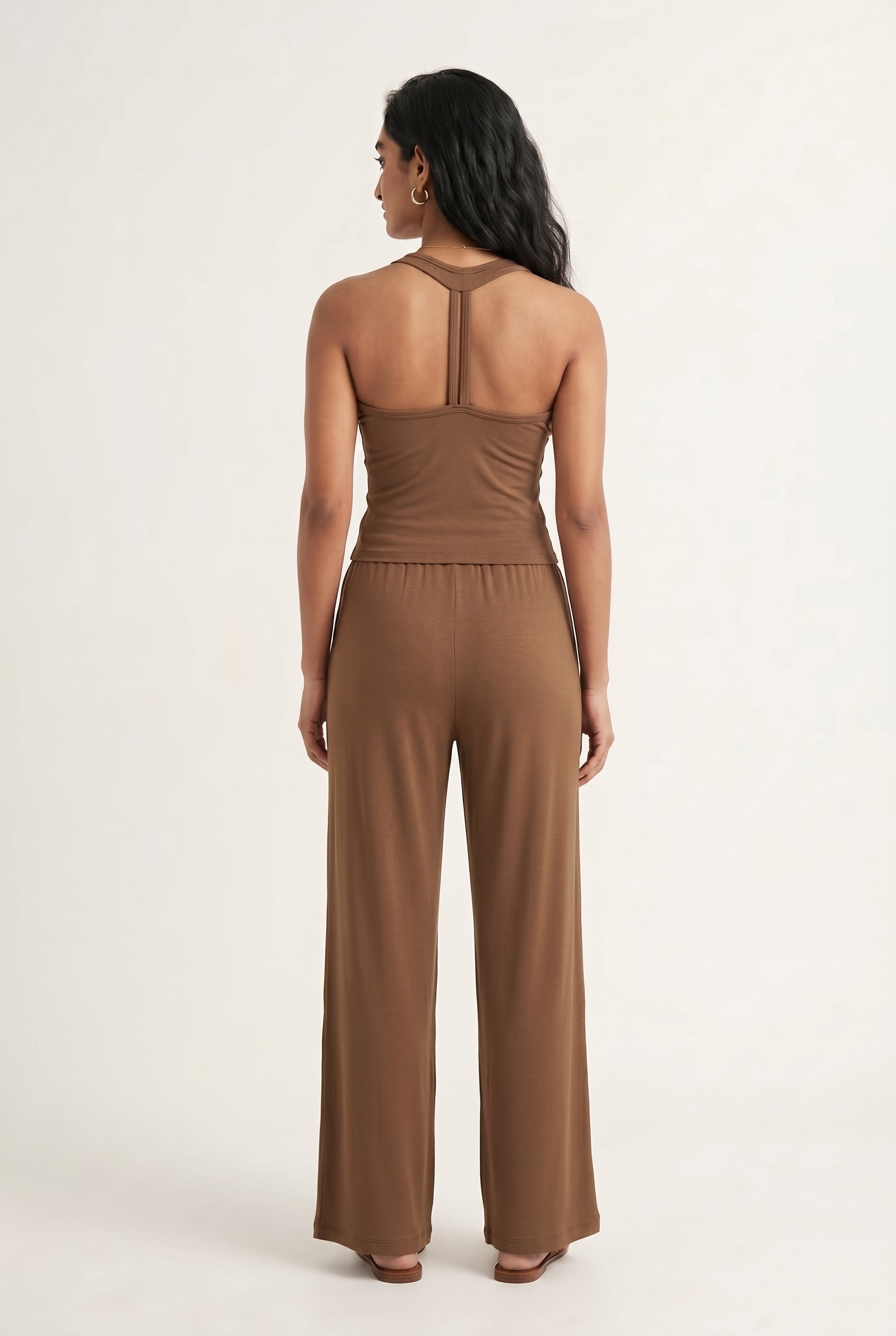 Rich mocha brown two-piece lounge set with wide leg pants and fitted tank top