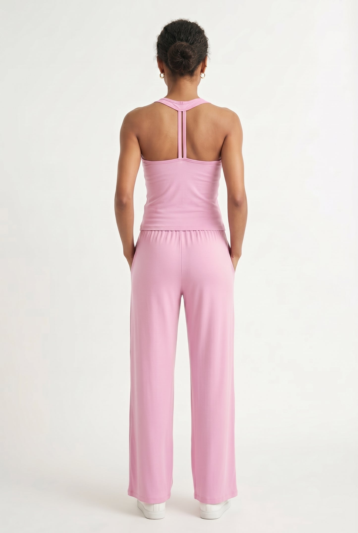 Rosewater pink two-piece lounge set with wide leg pants and fitted tank top