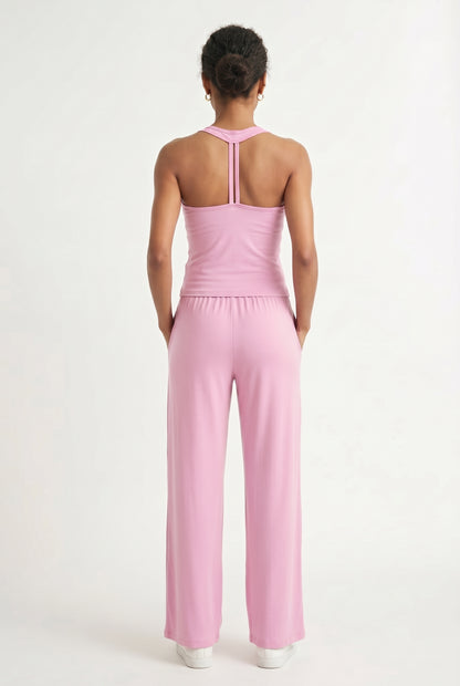 Rosewater pink two-piece lounge set with wide leg pants and fitted tank top