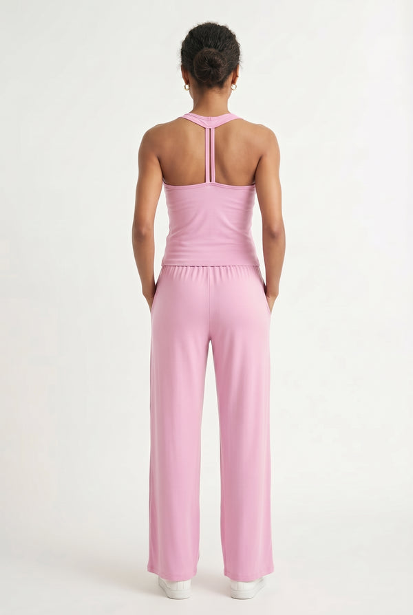 Rosewater pink two-piece lounge set with wide leg pants and fitted tank top