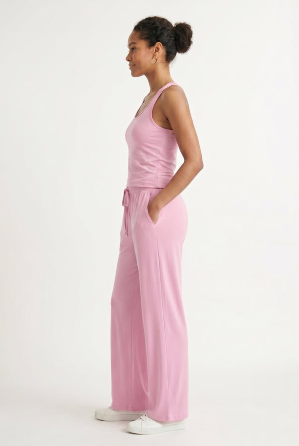 Rosewater pink two-piece lounge set with wide leg pants and fitted tank top