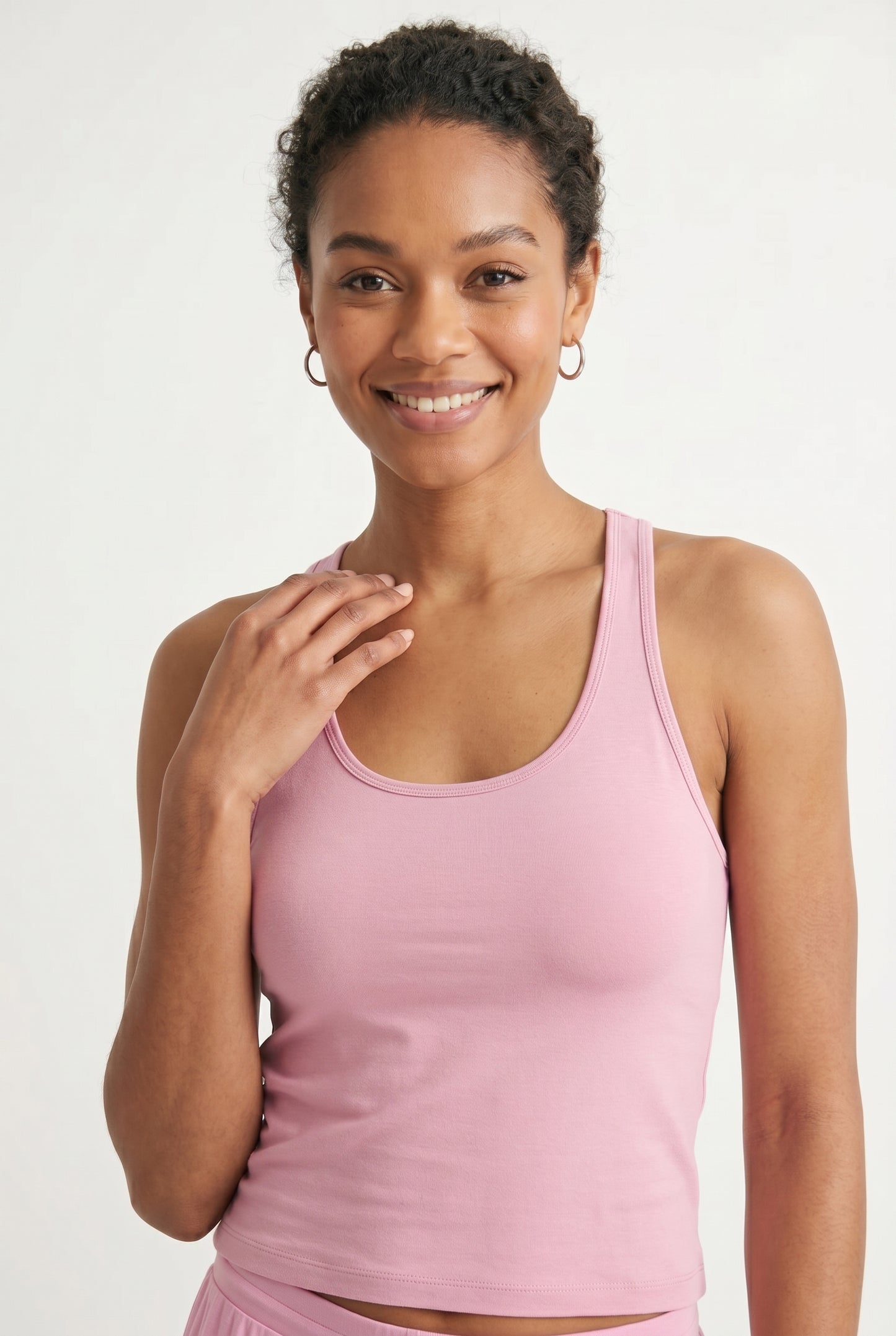 Rosewater pink two-piece lounge set with wide leg pants and fitted tank top