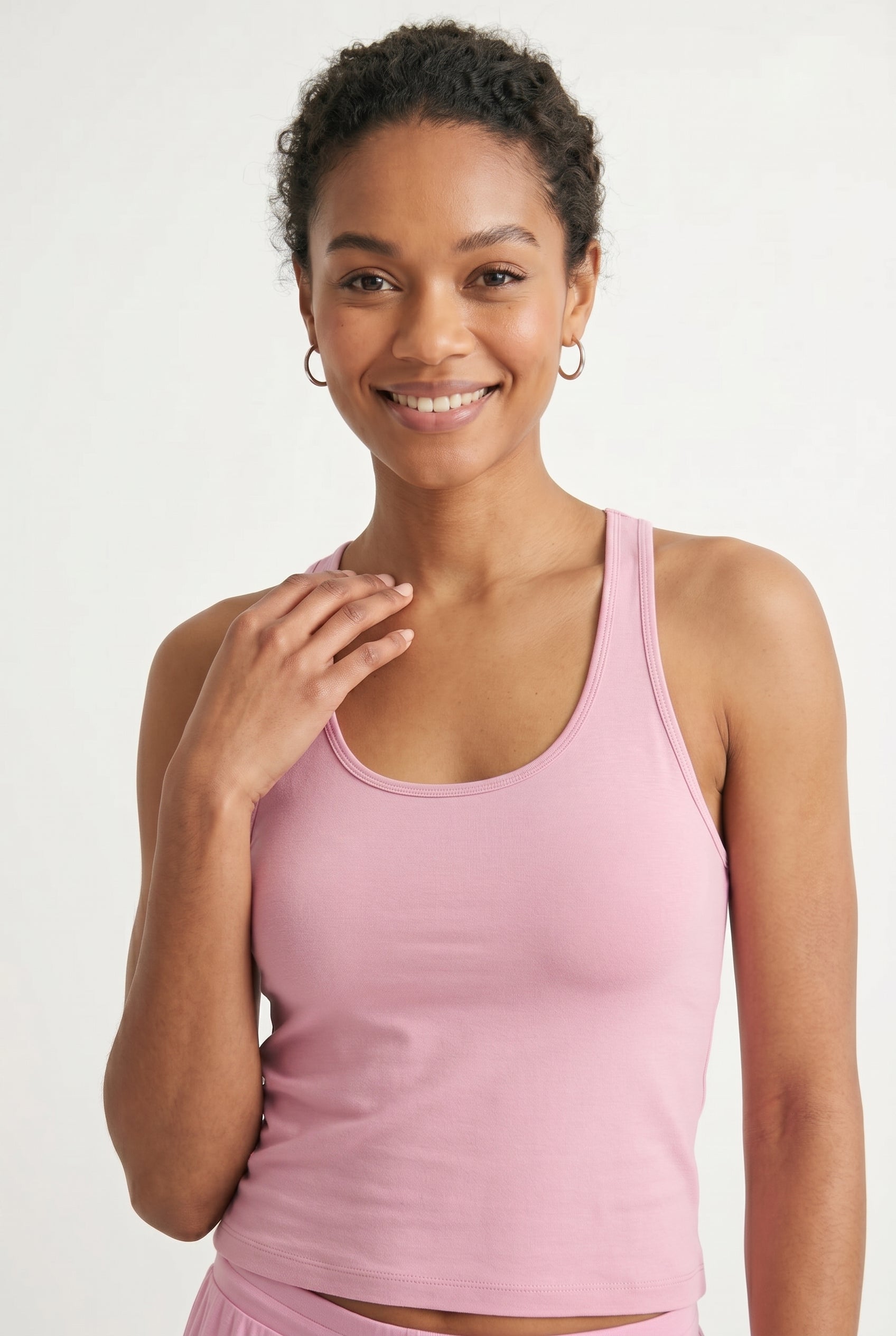 Rosewater pink two-piece lounge set with wide leg pants and fitted tank top