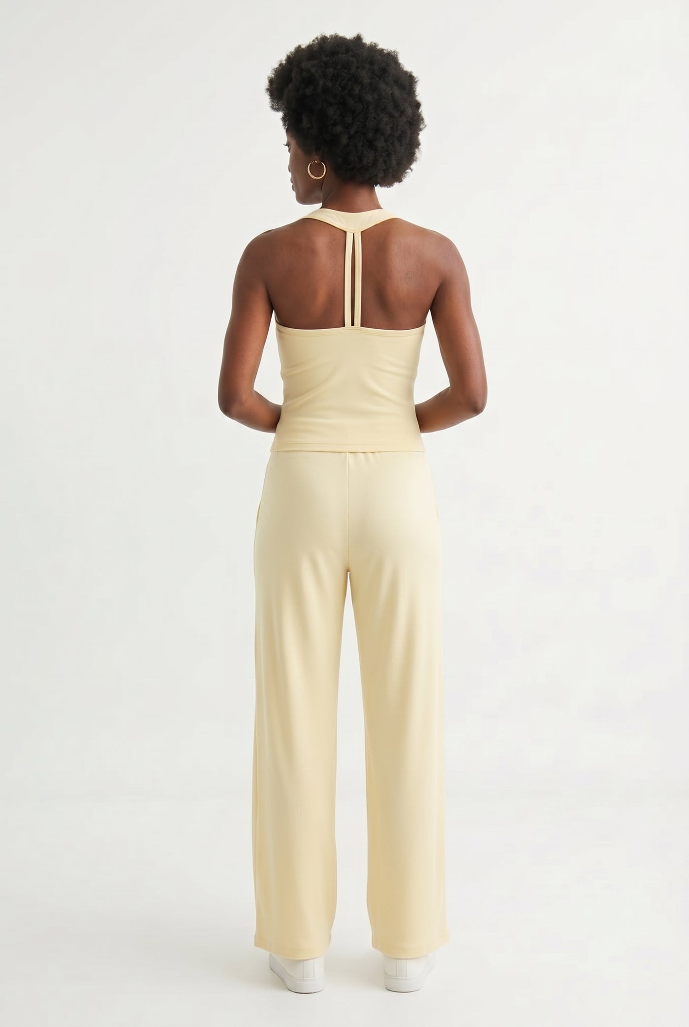 Toasted vanilla cream two-piece lounge set with wide leg pants and fitted tank top