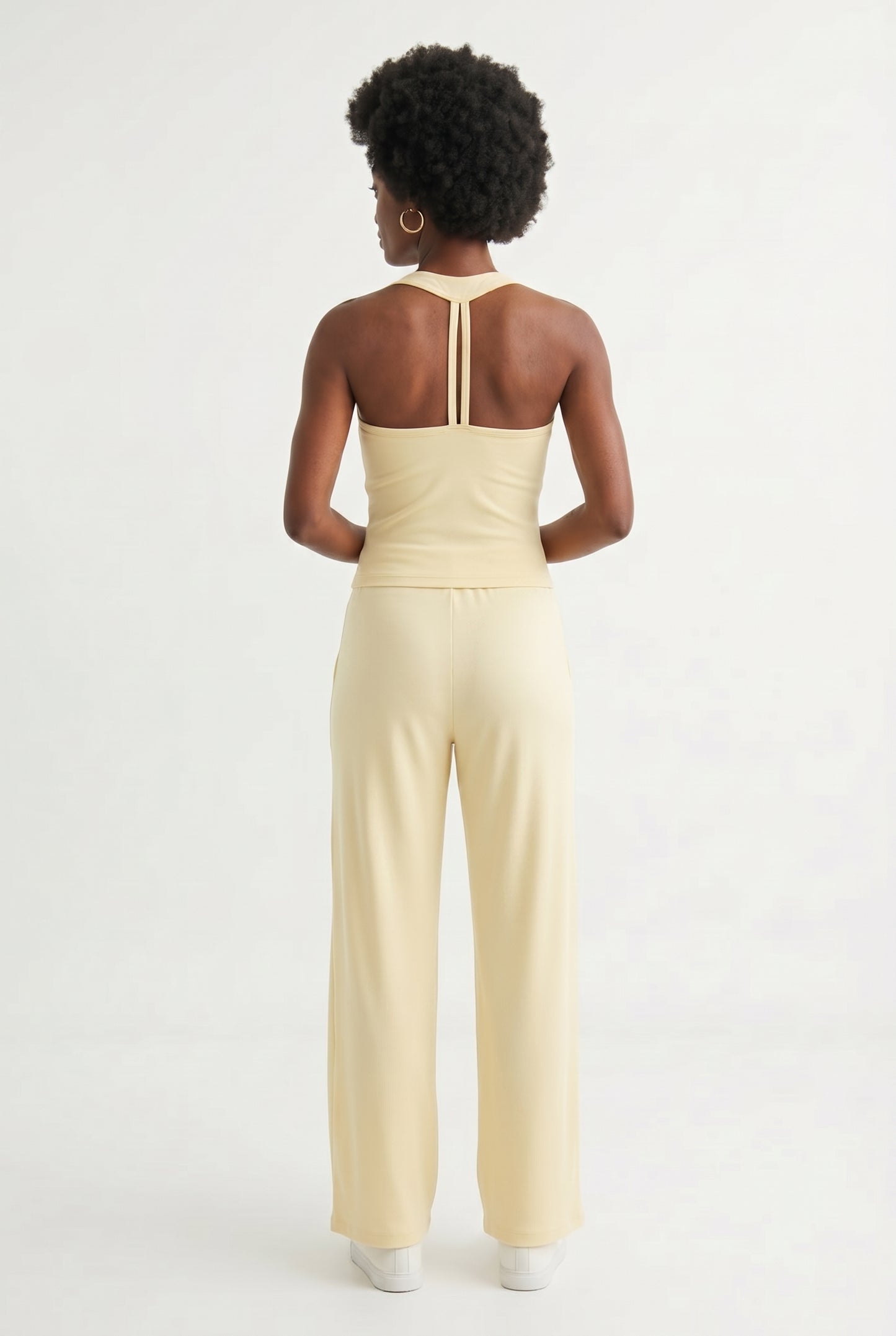Toasted vanilla cream two-piece lounge set with wide leg pants and fitted tank top