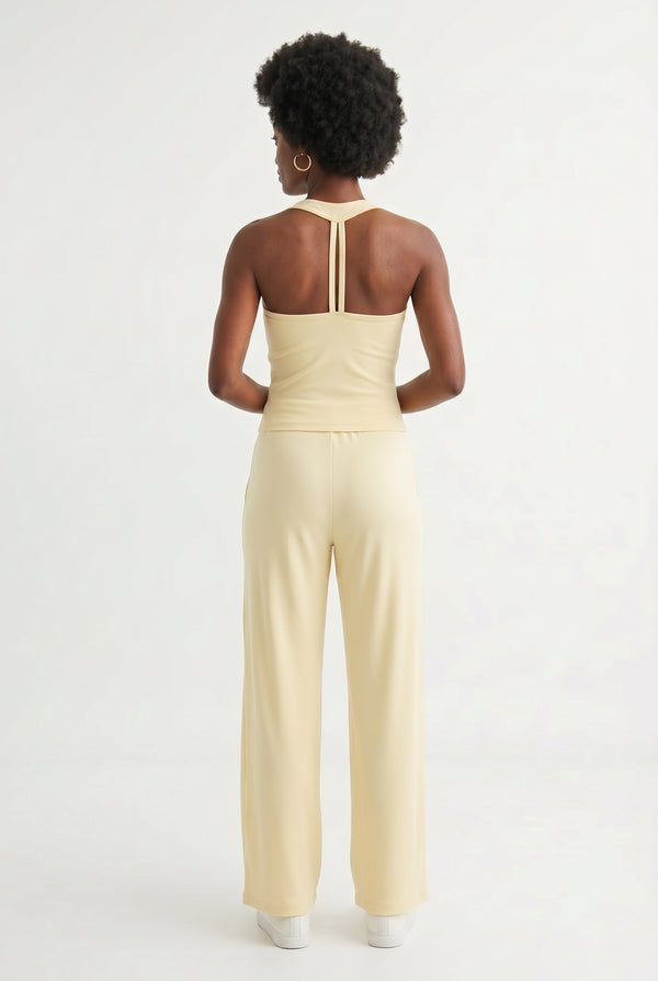 Toasted vanilla cream two-piece lounge set with wide leg pants and fitted tank top