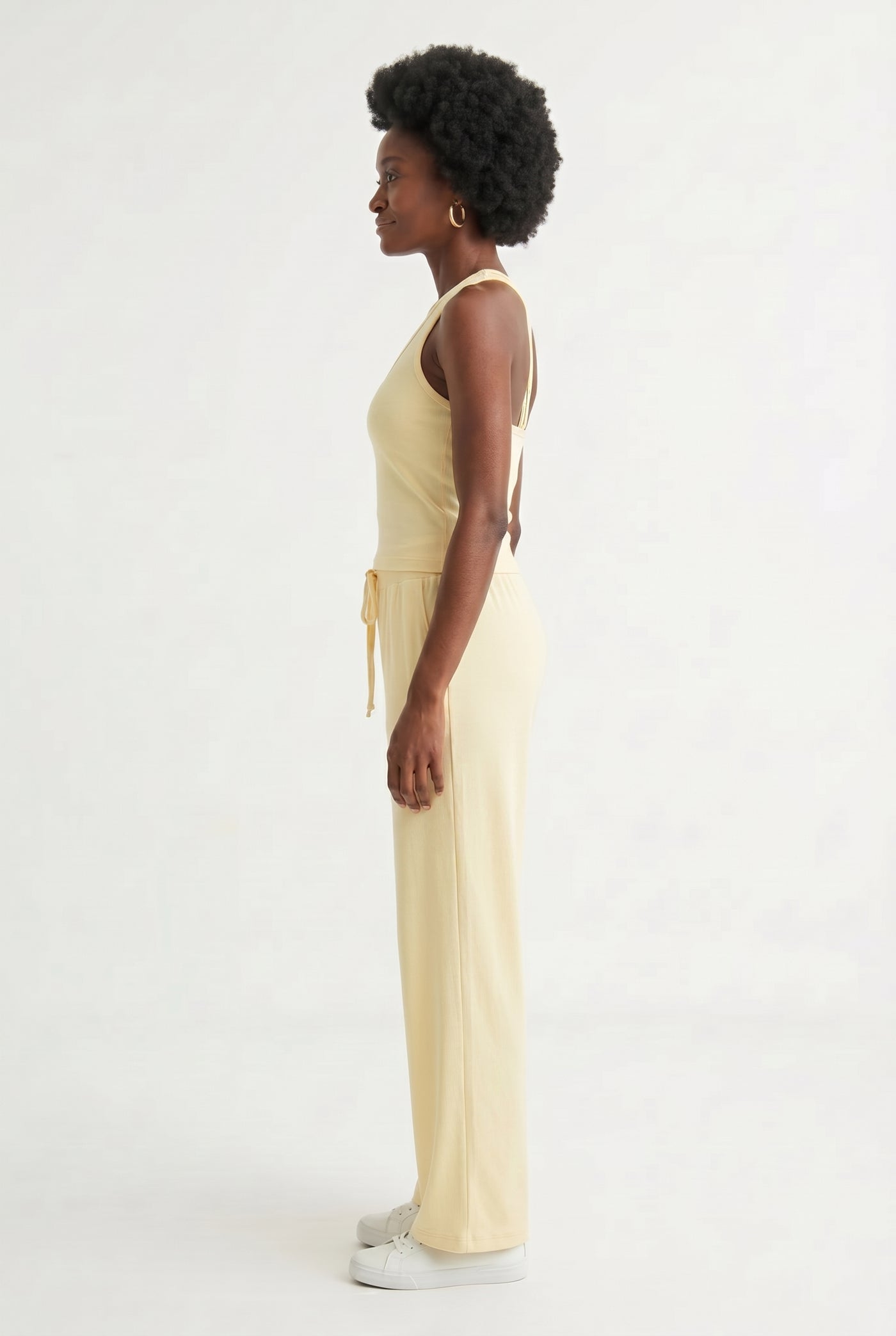 Toasted vanilla cream two-piece lounge set with wide leg pants and fitted tank top