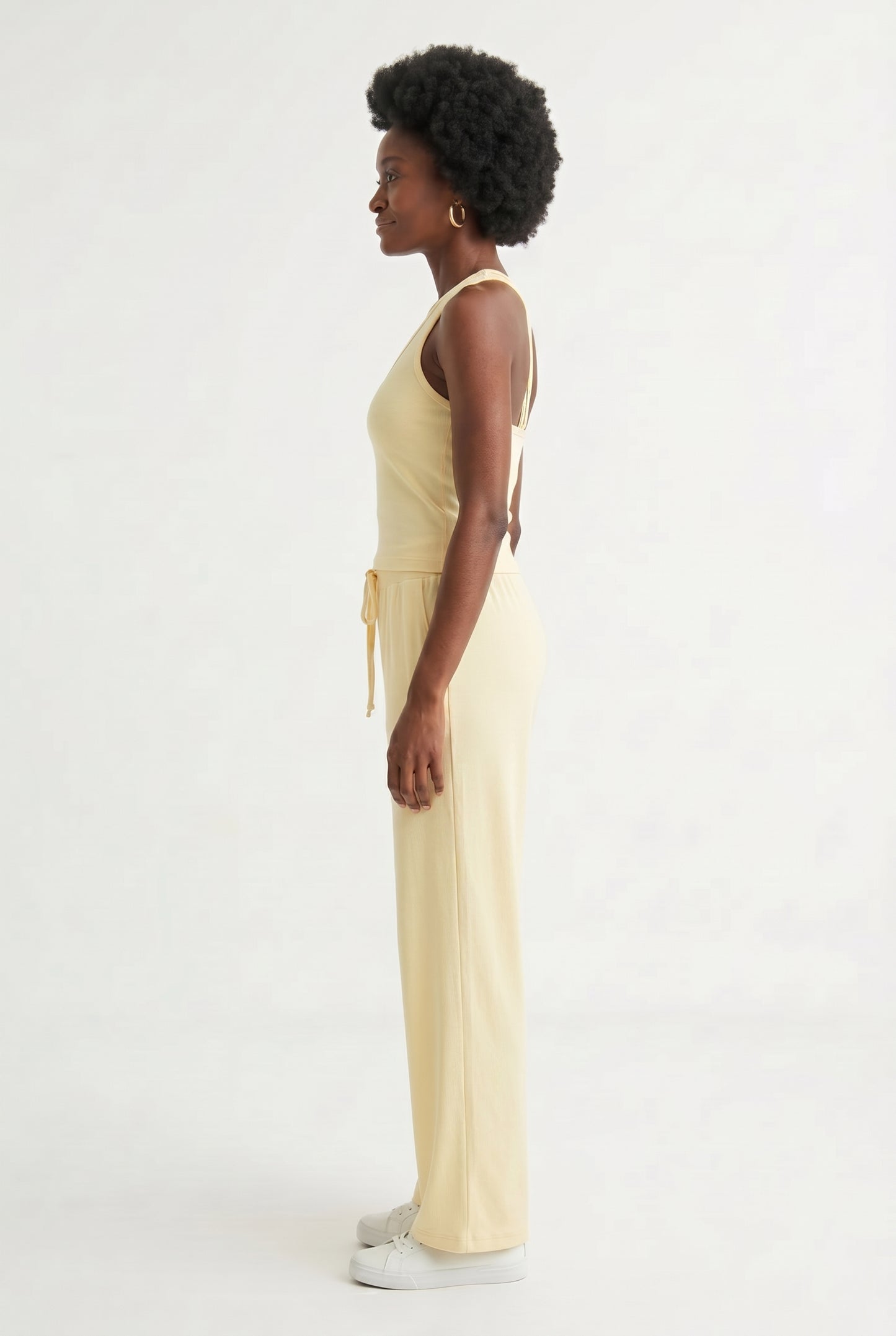 Toasted vanilla cream two-piece lounge set with wide leg pants and fitted tank top
