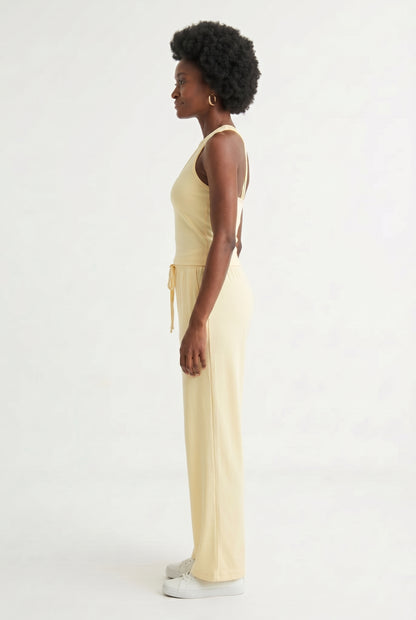 Toasted vanilla cream two-piece lounge set with wide leg pants and fitted tank top