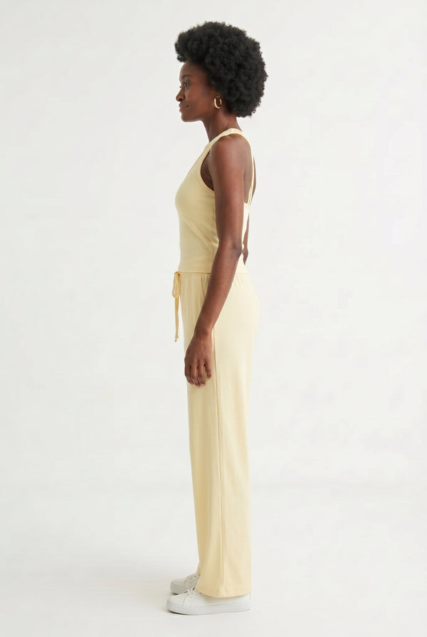 Toasted vanilla cream two-piece lounge set with wide leg pants and fitted tank top