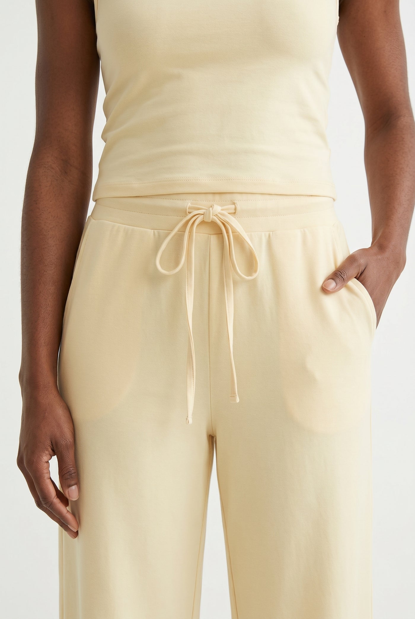 Toasted vanilla cream two-piece lounge set with wide leg pants and fitted tank top