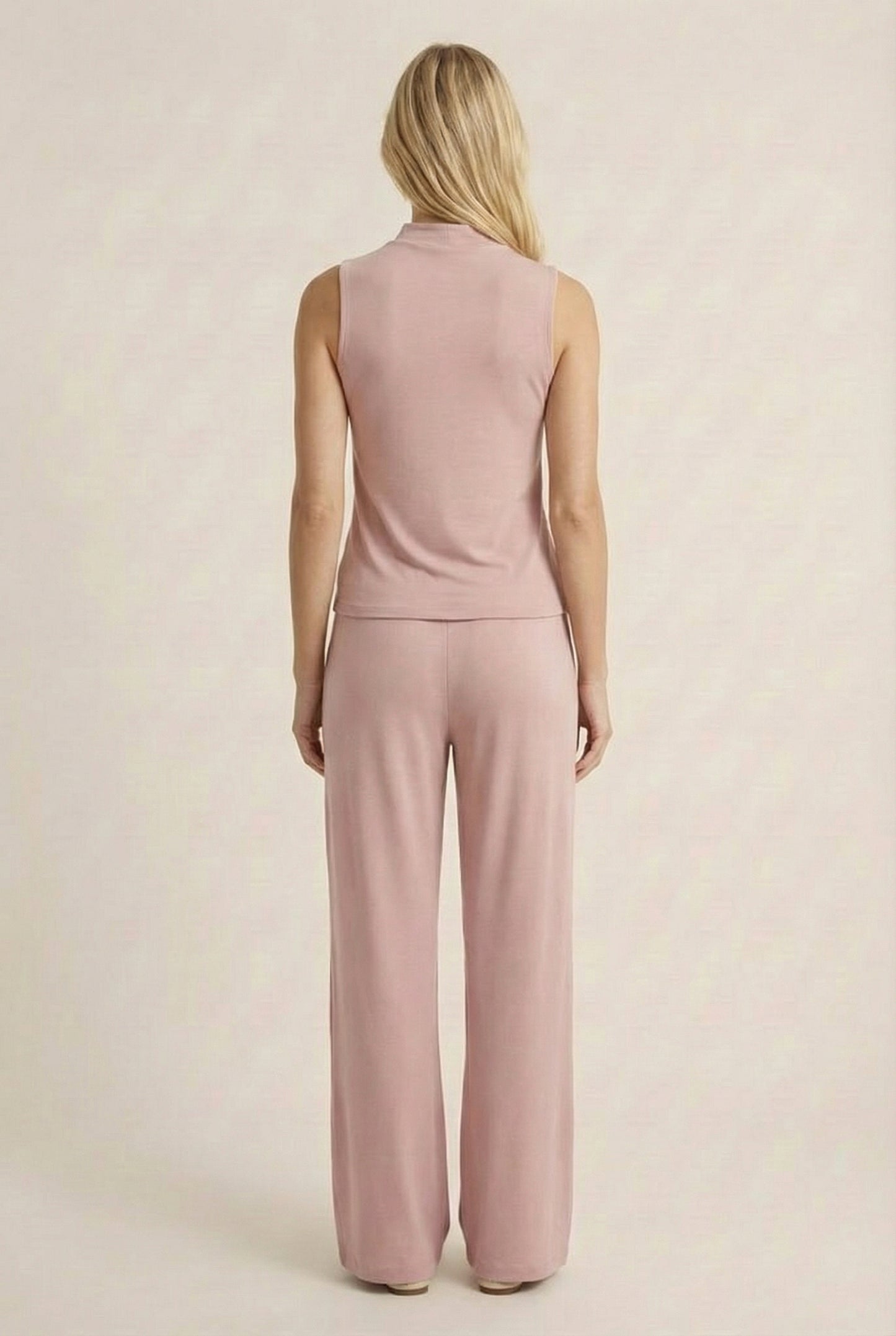 LOHNR Elevé Set in Antique Rose. A premium sleeveless faux-collar top and wide-leg pant matching set made from a smooth, wrinkle-resistant fabric.