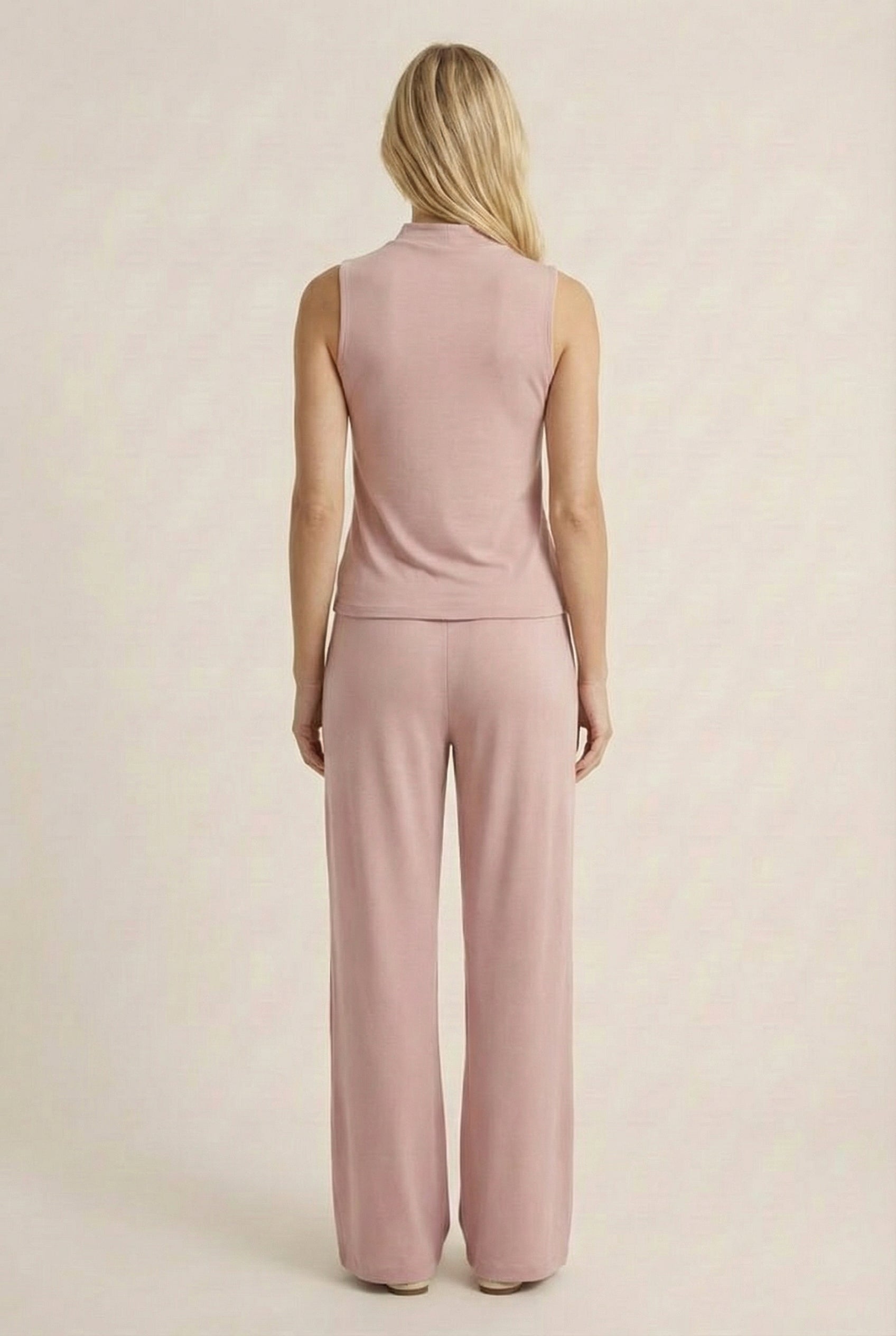 LOHNR Elevé Set in Antique Rose. A premium sleeveless faux-collar top and wide-leg pant matching set made from a smooth, wrinkle-resistant fabric.