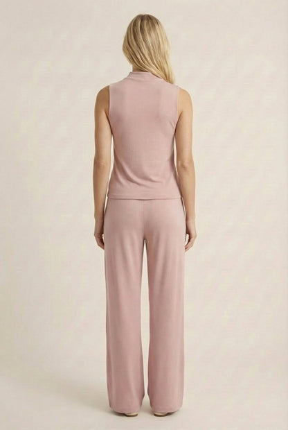 LOHNR Elevé Set in Antique Rose. A premium sleeveless faux-collar top and wide-leg pant matching set made from a smooth, wrinkle-resistant fabric.