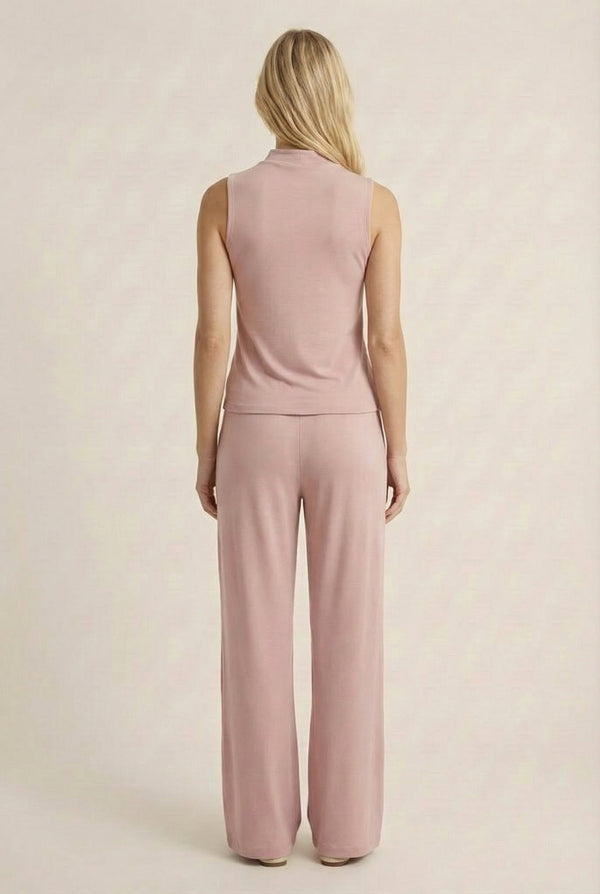 LOHNR Elevé Set in Antique Rose. A premium sleeveless faux-collar top and wide-leg pant matching set made from a smooth, wrinkle-resistant fabric.