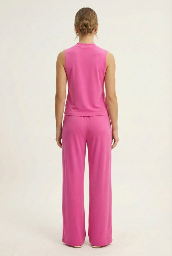 LOHNR Elevé Set in Azalea. A premium sleeveless faux-collar top and wide-leg pant matching set made from a smooth, wrinkle-resistant fabric.