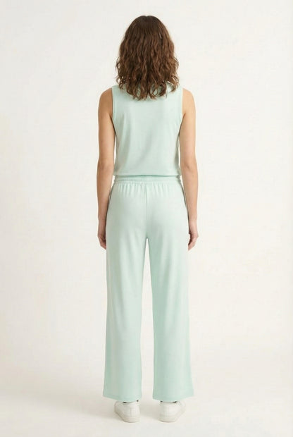 LOHNR Elevé Set in Celadon. A premium sleeveless faux-collar top and wide-leg pant matching set made from a smooth, wrinkle-resistant fabric.