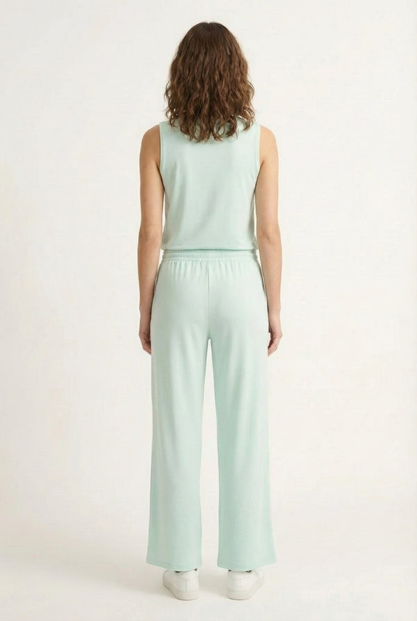 LOHNR Elevé Set in Celadon. A premium sleeveless faux-collar top and wide-leg pant matching set made from a smooth, wrinkle-resistant fabric.