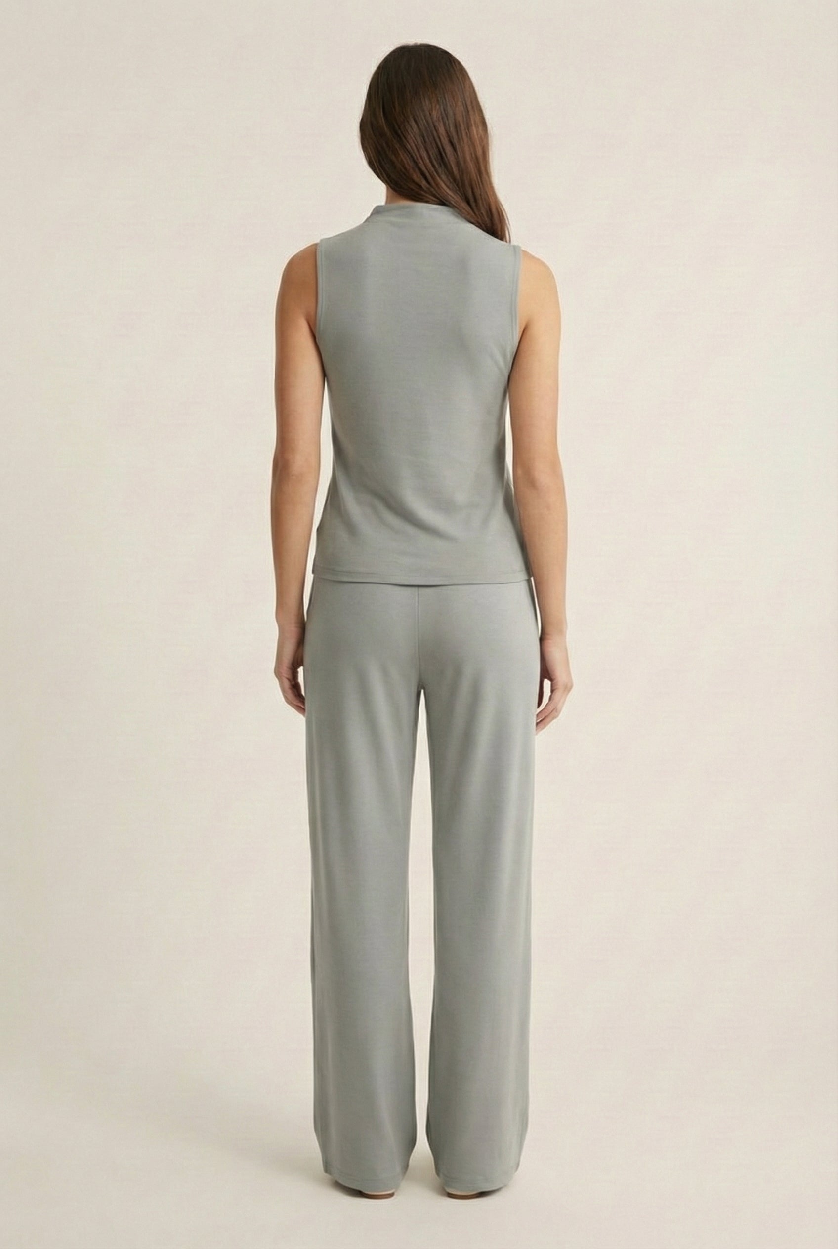LOHNR Elevé Set in Mushroom Grey. A premium sleeveless faux-collar top and wide-leg pant matching set made from a smooth, wrinkle-resistant fabric.