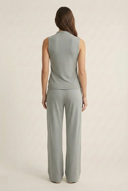 LOHNR Elevé Set in Mushroom Grey. A premium sleeveless faux-collar top and wide-leg pant matching set made from a smooth, wrinkle-resistant fabric.