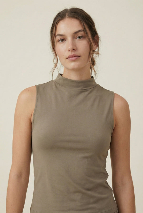 LOHNR Elevé Set in Warm Taupe. A premium sleeveless faux-collar top and wide-leg pant matching set made from a smooth, wrinkle-resistant fabric.