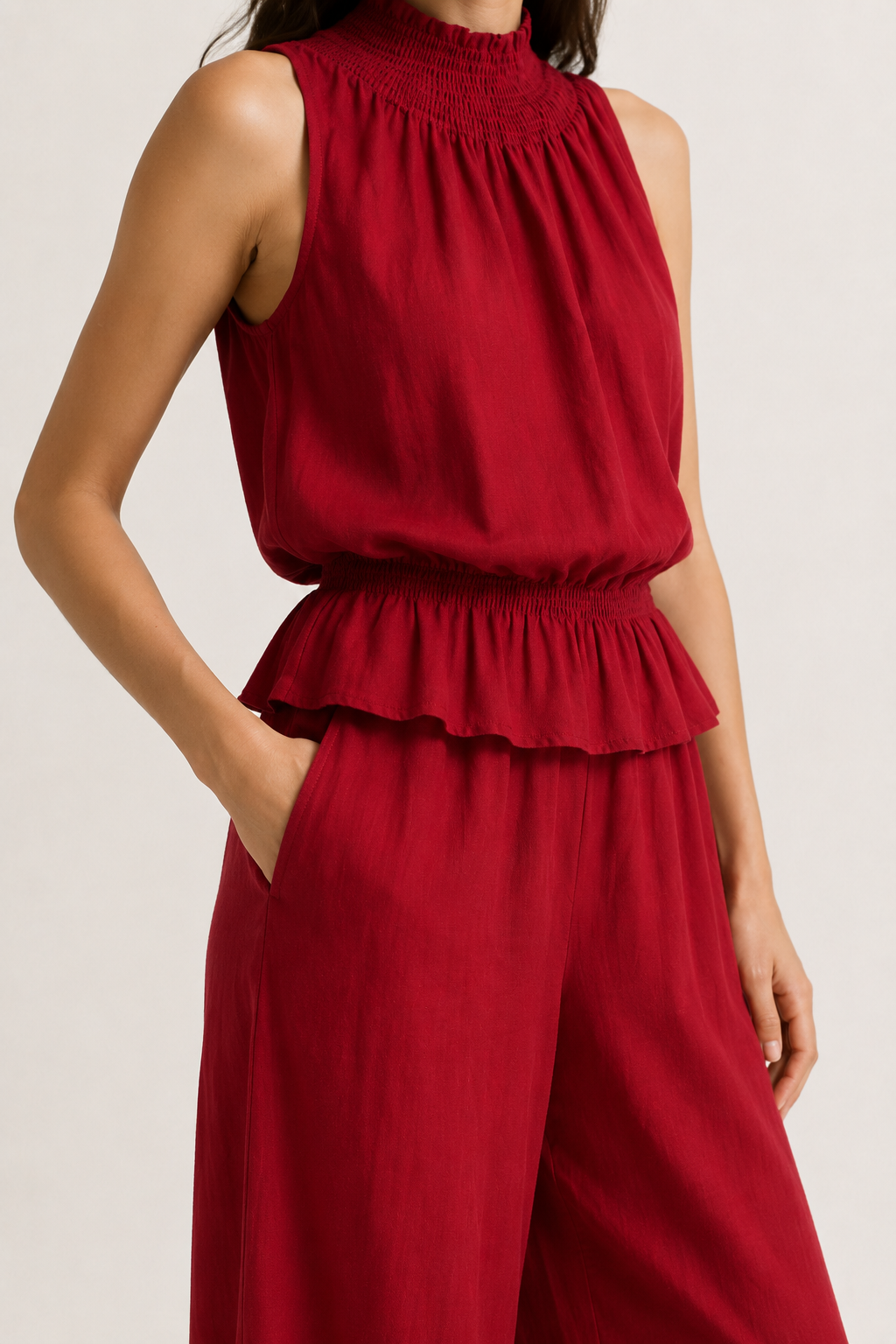 Lohnr Game Day Set in Garnet featuring a minimal sleeveless top and relaxed wide-leg trousers