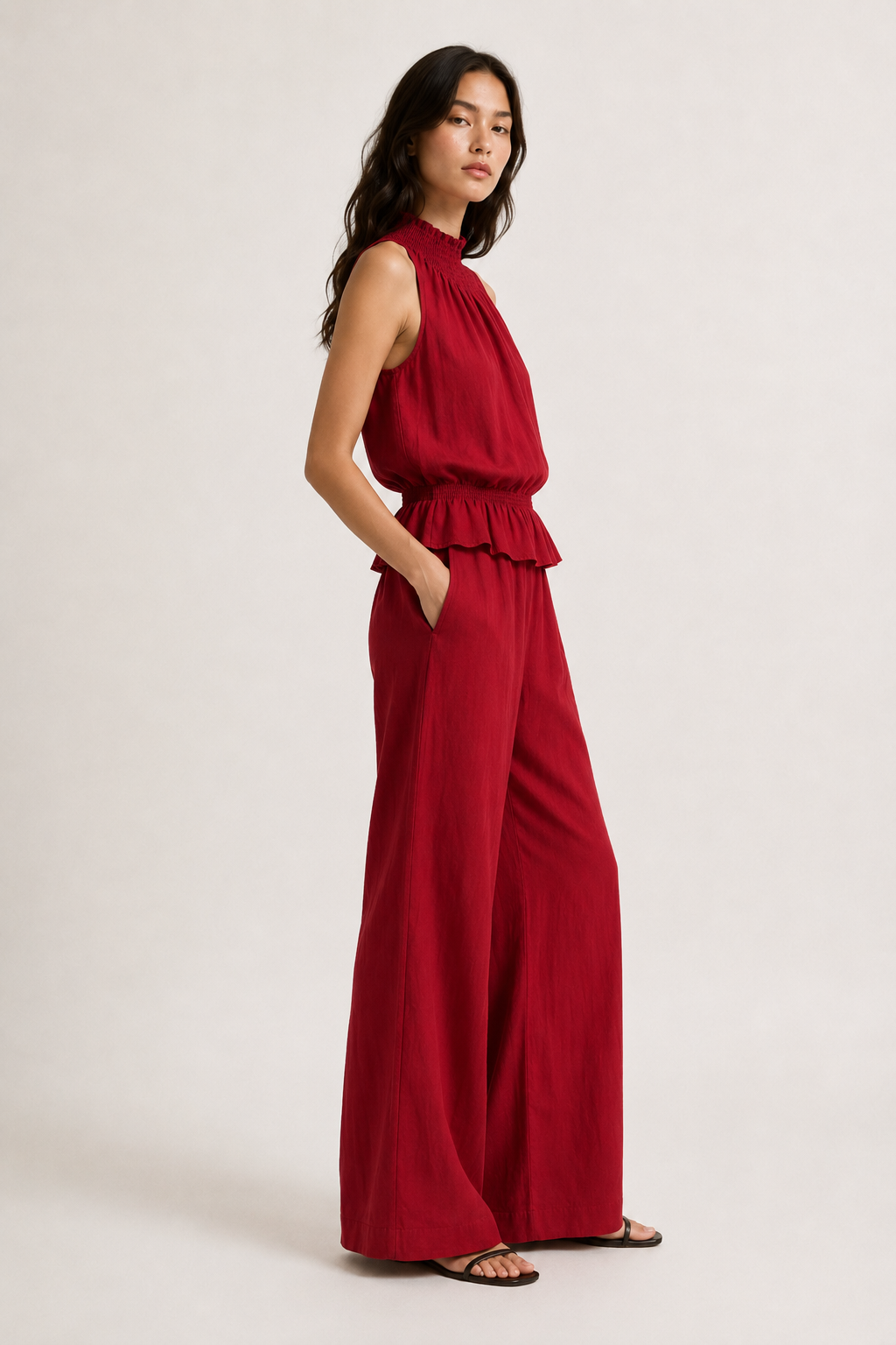Lohnr Game Day Set in Garnet featuring a minimal sleeveless top and relaxed wide-leg trousers