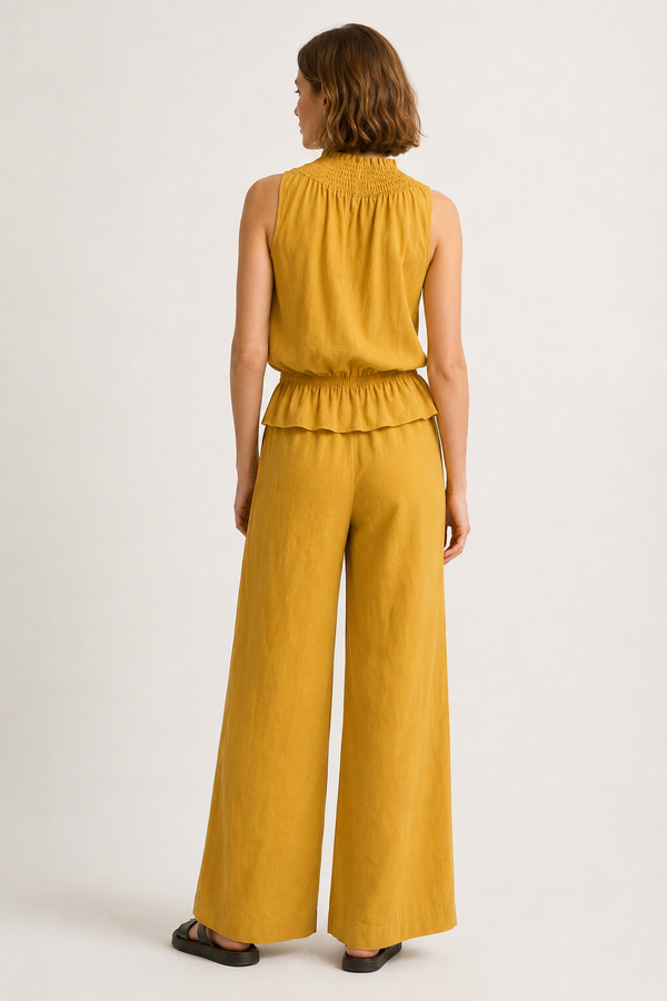 Lohnr Game Day Set in Saffron featuring a minimal sleeveless top and relaxed wide-leg trousers