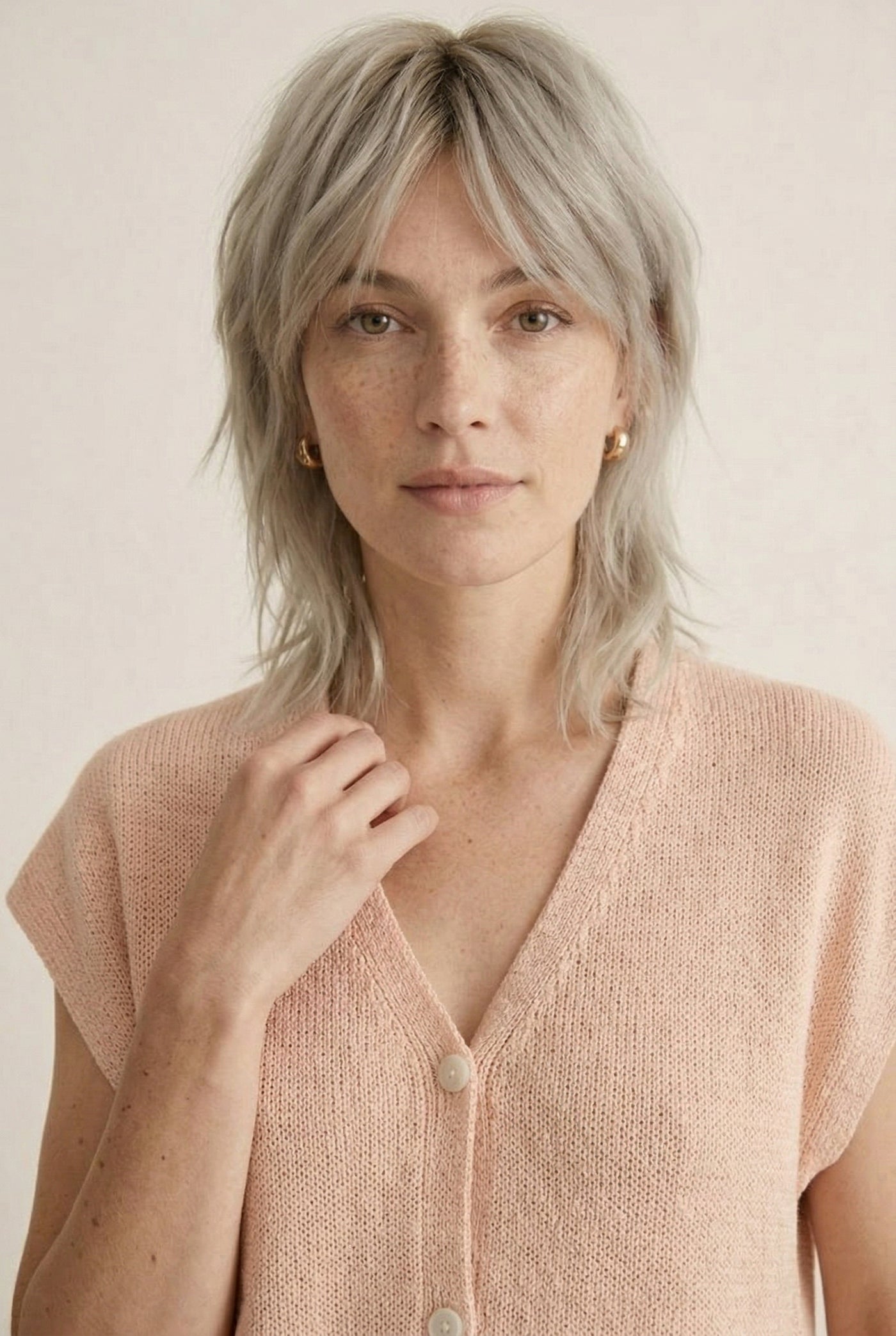 Woman modeling the LOHNR short sleeve v-neck knit top in washed apricot featuring a button-down front.