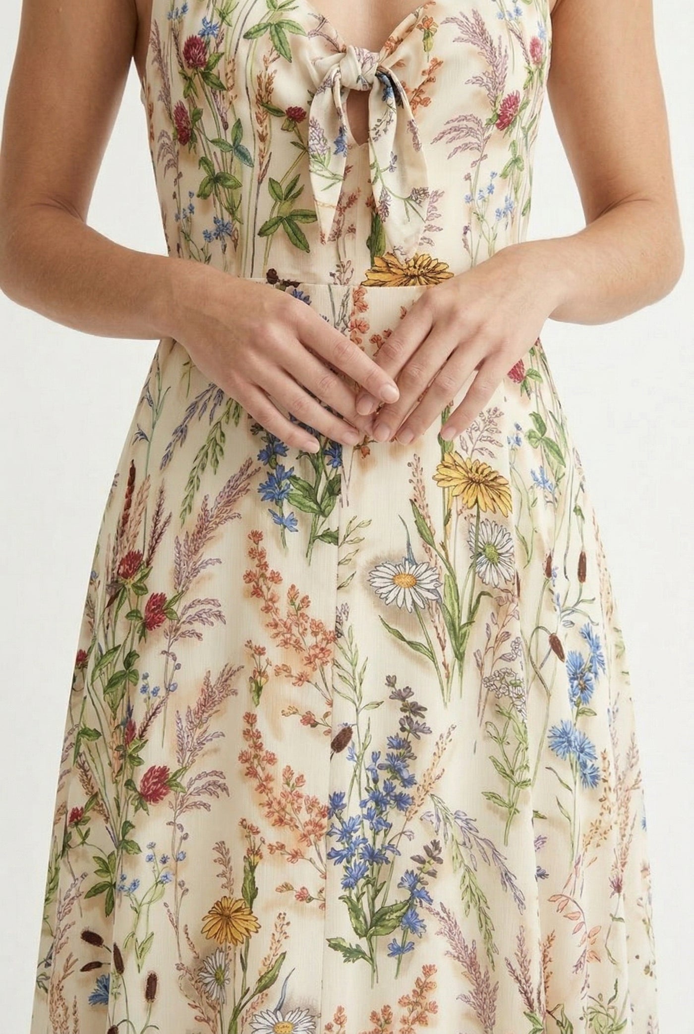 Model wearing the LOHNR Light Birch floral maxi dress