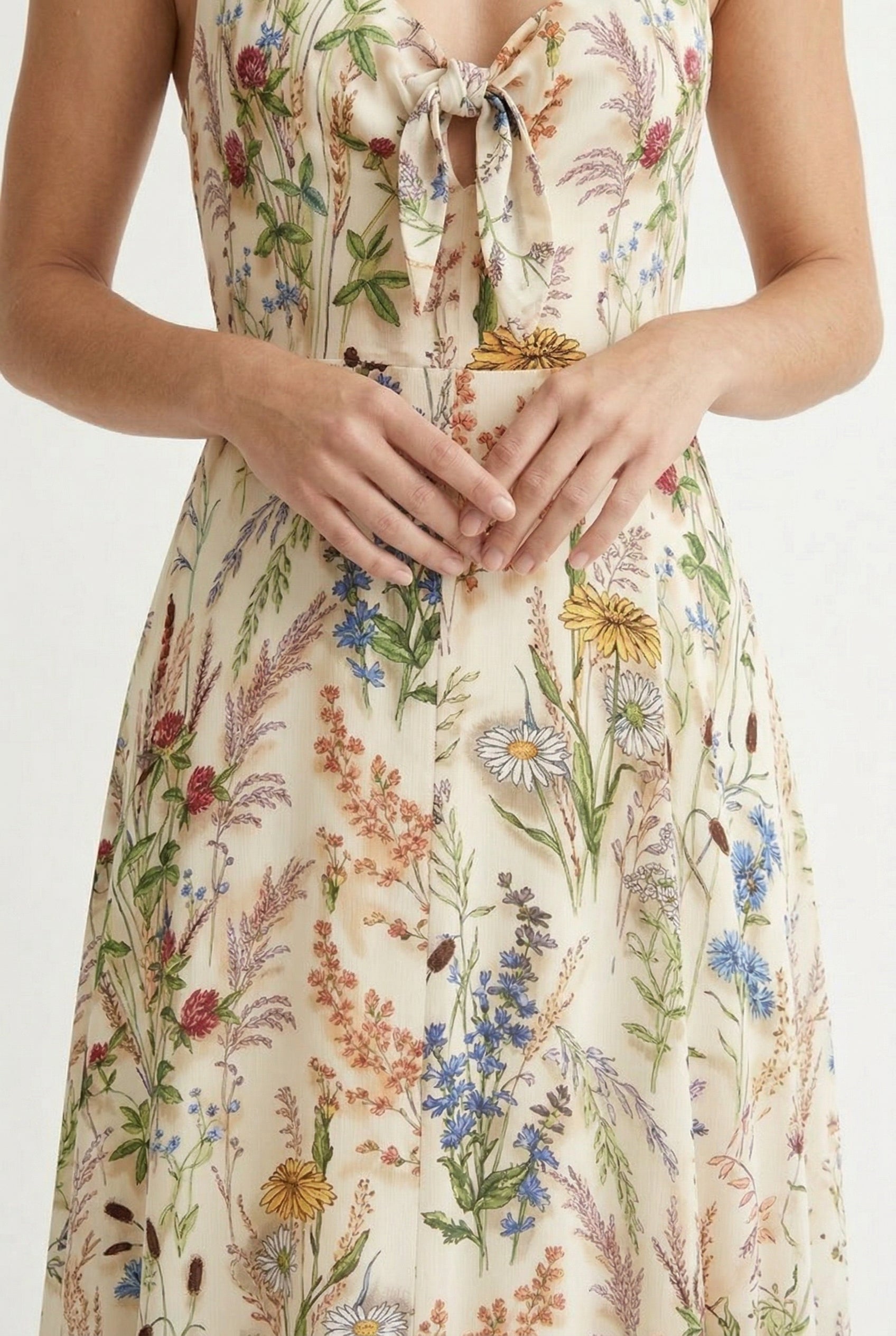 Model wearing the LOHNR Light Birch floral maxi dress