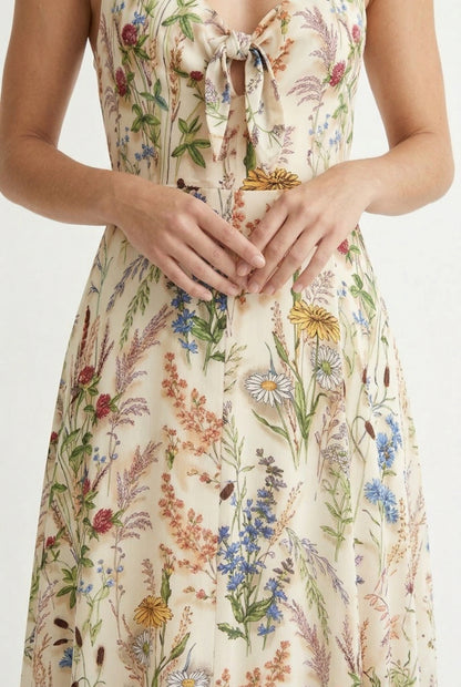 Model wearing the LOHNR Light Birch floral maxi dress