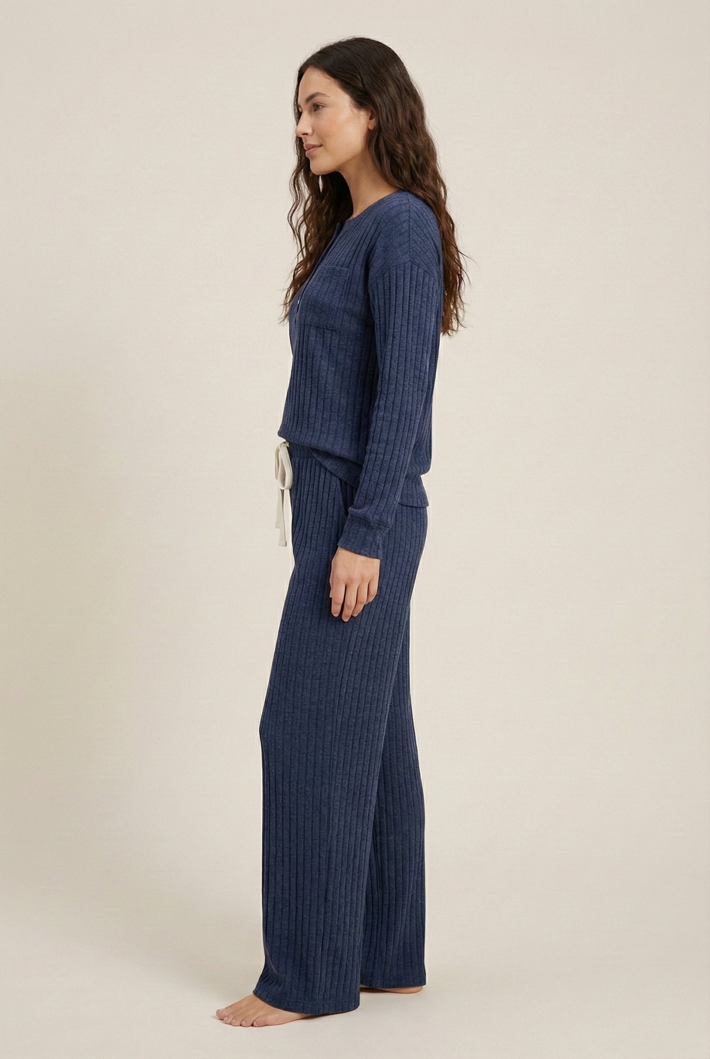 Women's Linea Set by LOHNR in Denim. A premium matching lounge set featuring a smooth, sweatshirt-material henley top and tailored comfortable joggers.