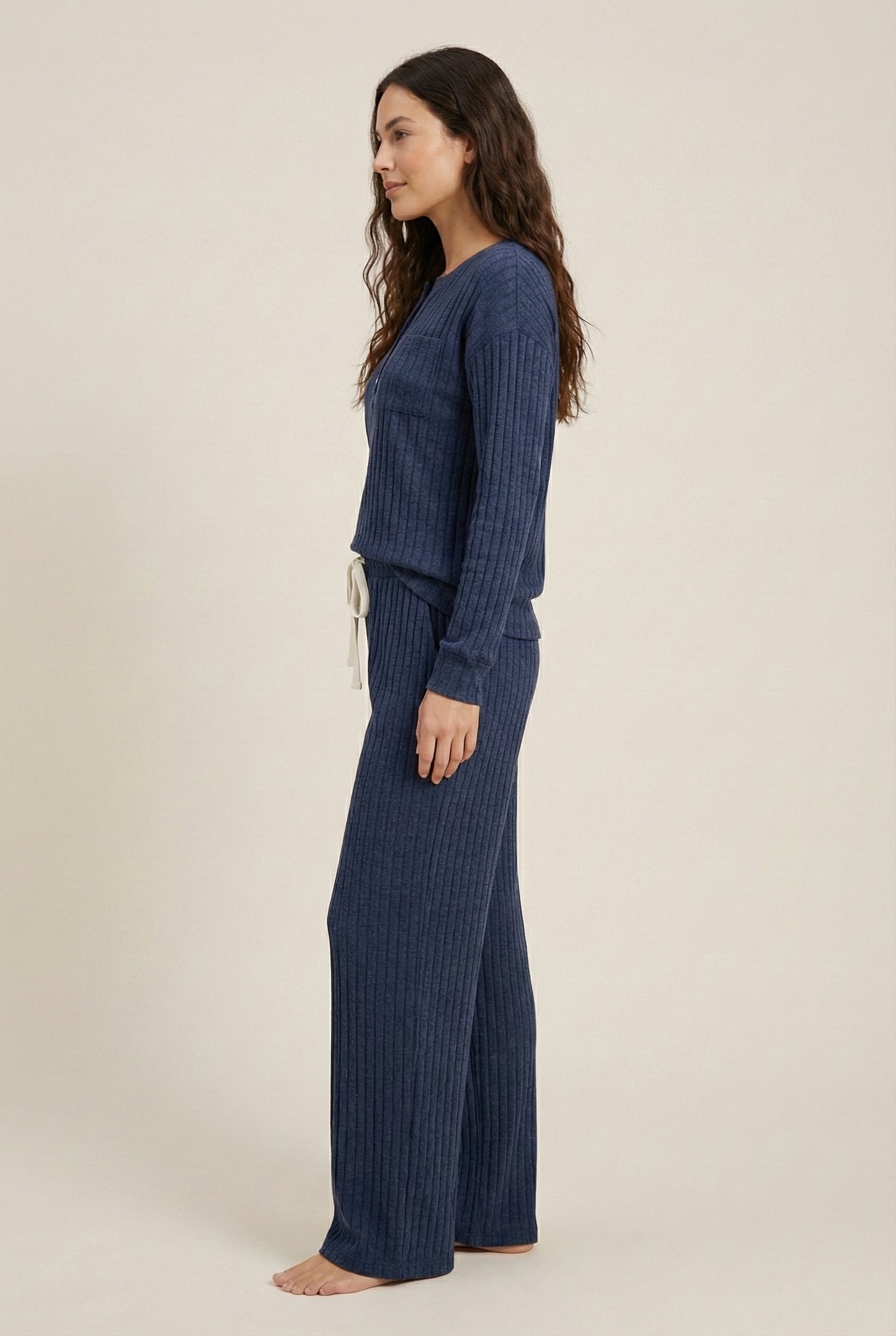 Women's Linea Set by LOHNR in Denim. A premium matching lounge set featuring a smooth, sweatshirt-material henley top and tailored comfortable joggers.