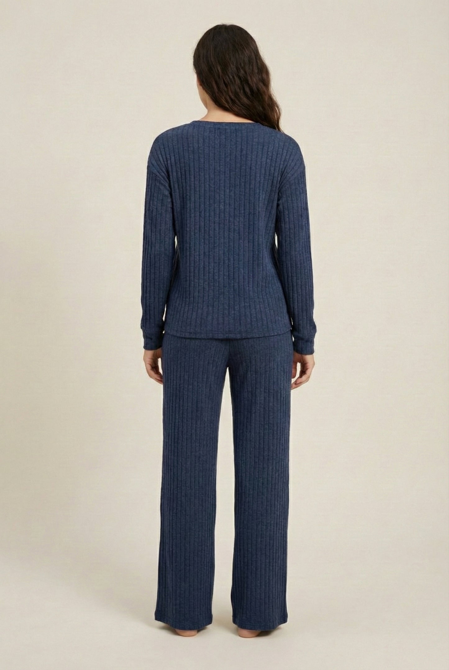 Women's Linea Set by LOHNR in Denim. A premium matching lounge set featuring a smooth, sweatshirt-material henley top and tailored comfortable joggers.