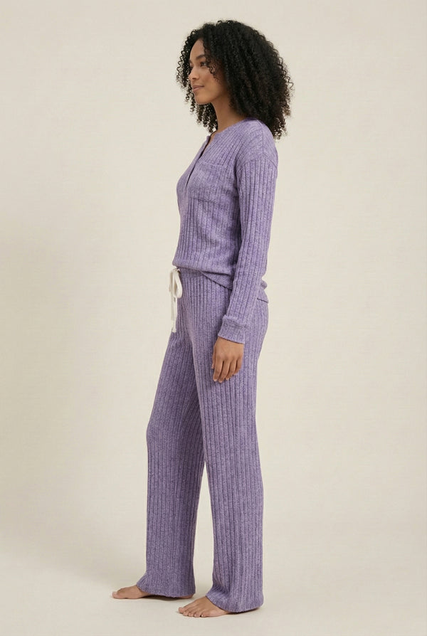 Women's Linea Set by LOHNR in Lavender. A premium matching lounge set featuring a smooth, sweatshirt-material henley top and tailored comfortable joggers.